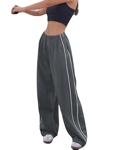 Imuedaen Track Pants Damen Parachute Pants Y2k Hosen Baggy Cargohose Weites Bein Track Pants Vintage Baggy Hosen für Frauen Streetwear Elastische Taille Freizeithose Pants (A Grau, XL) von Imuedaen