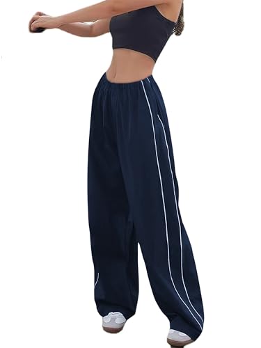 Imuedaen Track Pants Damen Parachute Pants Y2k Hosen Baggy Cargohose Weites Bein Track Pants Vintage Baggy Hosen für Frauen Streetwear Elastische Taille Freizeithose Pants (A Marine, L) von Imuedaen