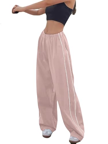 Imuedaen Track Pants Damen Parachute Pants Y2k Hosen Baggy Cargohose Weites Bein Track Pants Vintage Baggy Hosen für Frauen Streetwear Elastische Taille Freizeithose Pants (A Rosa, M) von Imuedaen