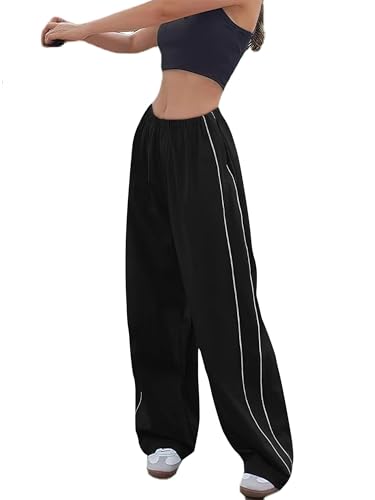 Imuedaen Track Pants Damen Parachute Pants Y2k Hosen Baggy Cargohose Weites Bein Track Pants Vintage Baggy Hosen für Frauen Streetwear Elastische Taille Freizeithose Pants (A Schwarz, L) von Imuedaen