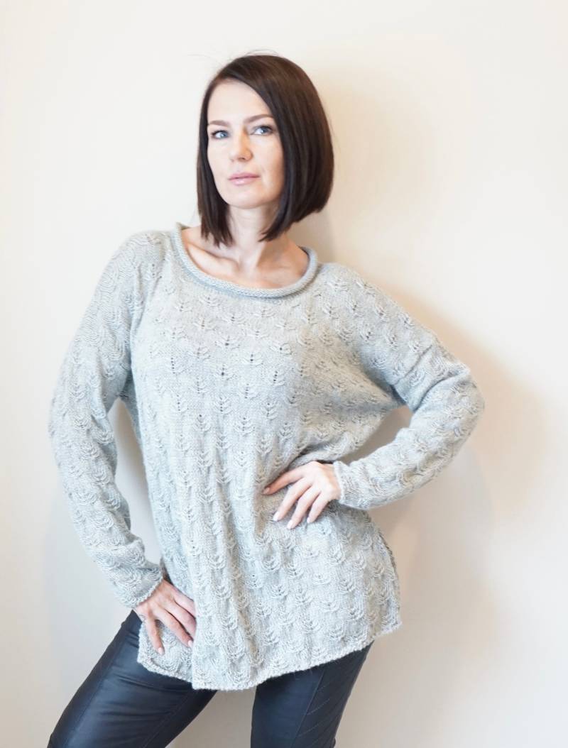 Übergroßer Alpaka-Seidenstrickpullover Hellgrauer Spitzenpullover von Imunde