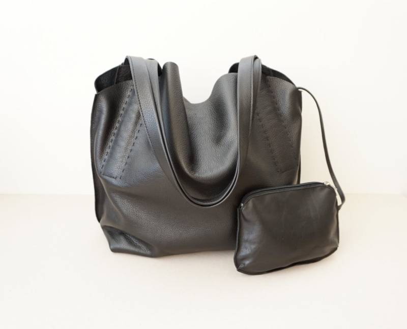 Schwarze Texturierte Kalbsleder Umhängetasche/Frauen Weiche Slouchy Hobo Bag Mittelgroße Ungefüttert von Imunde