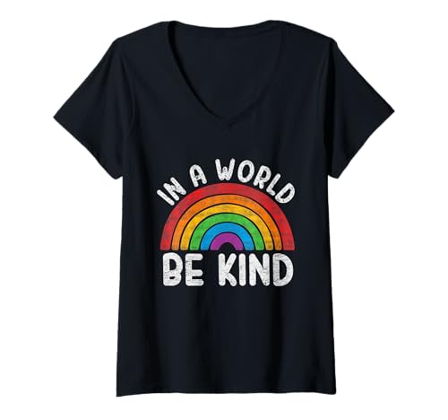 Damen In einer Welt sei nett Retro Gay Pride LGBT Queer Pride Rainbow T-Shirt mit V-Ausschnitt von In A World Be Kind LGBTQ Pride Month Apparel By Mj