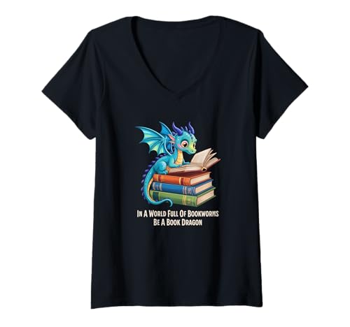 Damen Niedlicher Drache liest EIN Buch – Fantasie-Buchwurm-Liebhaber T-Shirt mit V-Ausschnitt Damen Niedlicher Drache liest EIN Buch – Fantasie-Buchwurm-Liebhaber T-Shirt mit V-Ausschnitt von In A World Full Of Bookworms Be A Book Dragon