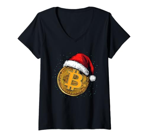 Damen Bitcoin Weihnachtsmannmütze Lustig Xmas Weihnachten BTC T-Shirt mit V-Ausschnitt von In Crypto We Trust - Bitcoin Apparel & Gifts