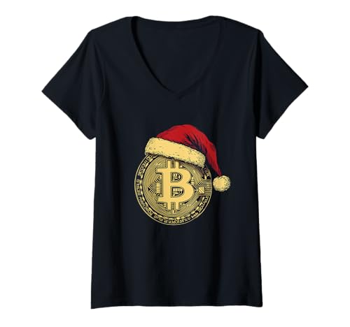 Damen Bitcoin Weihnachtsmannmütze Lustig Xmas Weihnachten BTC T-Shirt mit V-Ausschnitt von In Crypto We Trust - Bitcoin Apparel & Gifts