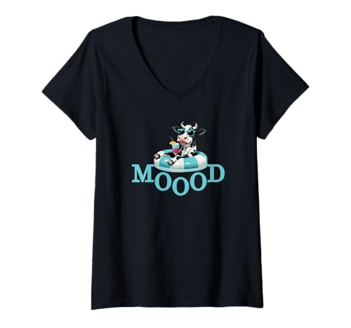 Damen Moood Happy Fun Kuhbauer Positiv Dankbar Design T-Shirt mit V-Ausschnitt von In Good Mood Feeling Animal Cool Cute Attitude