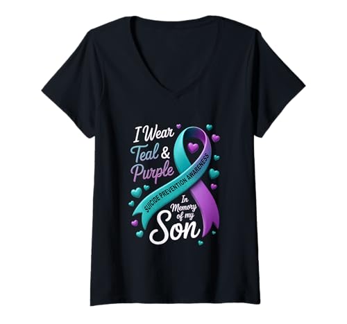 Damen Ich trage Blaugrün und Lila in Erinnerung an die Suizidprävention meines Sohnes T-Shirt mit V-Ausschnitt Damen Ich trage Blaugrün und Lila in Erinnerung an die Suizidprävention meines Sohnes T-Shirt mit V-Ausschnitt von In Memory My Son Suicide Prevention