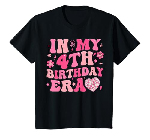 Kinder Groovy In My 4th Birthday Era Vier 4 Jahre altes Disco-Herz T-Shirt von In My Birthday Era Funny Gift For 4 Year Old Girl