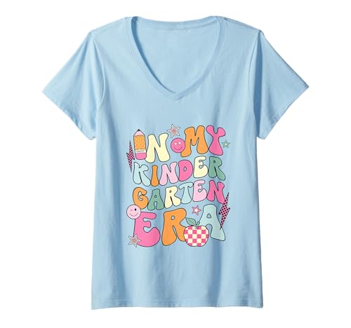 Damen In My Kindergarten Teacher Era Shirt für Kinder, Groovy, Retro T-Shirt mit V-Ausschnitt von In My Kindergarten Era Back To School
