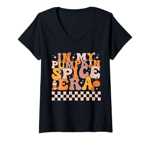 Damen In My Pumpkin Spice Era Retro Herbst Thanksgiving T-Shirt mit V-Ausschnitt Damen In My Pumpkin Spice Era Retro Herbst Thanksgiving T-Shirt mit V-Ausschnitt von In My Pumpkin Spice Era Autumn Thanksgiving Tees