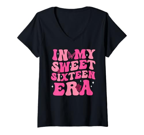 Damen In My Sweet Sixteen Era Shirt zum 16. Geburtstag, Groovy Boy Girl T-Shirt mit V-Ausschnitt von In My Sweet Sixteen Era 16th Birthday Shirt Groovy