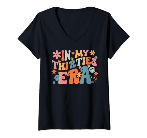 Damen In My Thirties Era 30's Birthday Damen Herren Groovy Retro T-Shirt mit V-Ausschnitt von In My Thirties Era 30's Birthday Women Men Groovy