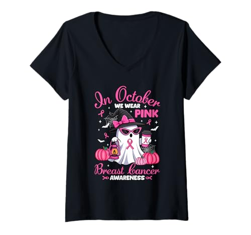 Damen Brustkrebs-Hemden Frauen Halloween im Oktober tragen wir rosa T-Shirt mit V-Ausschnitt von In October We Wear Pink Ghost Halloween Tees