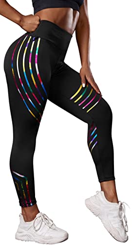 Damen Leggings Fitness Sporthose in schicken Farben und mit hohem Bund (S, schwarz-Regenbogen) von In One Clothing