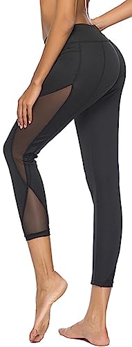 Damen Leggings Sportleggings, mit hohem Bund, Zwei Fronttaschen und Mesh Einsätzen, in der Farbe schwarz - Grösse XL von In One Clothing