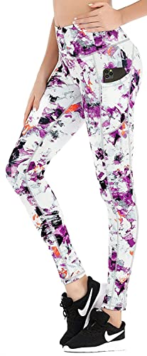 Damen Leggings Sportleggings mit hohem Bund - Yoga-Fitness-Hose in Weiss mit Vierfarbdruck mit Handytasche und innen liegender Einstecktasche - Grösse L von In One Clothing