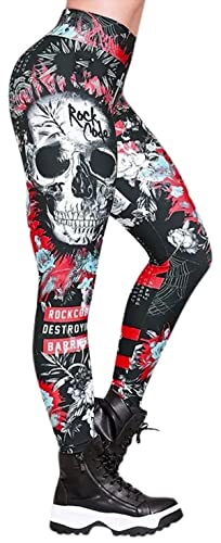 Damen Leggings Sportleggings mit hohem Bund - Yoga-Fitness-Hose mit Fantasie Motiv Rock Code, in der Farbe schwarz/Weiss/rot - Grösse M von In One Clothing