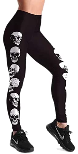 Damen Leggings Sportleggings mit hohem Bund und Totenköpfe Motiv in schwarz - Grösse S von In One Clothing