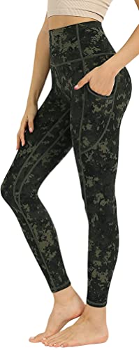 Damen Leggings Sportleggings mit hohem Bund und Zwei Seitentaschen - in schwarz-grüner Camouflage Optik - Grösse L von In One Clothing