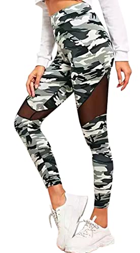 Damen Leggings Sportleggings mit hohem Bund und semi-transparenten Mesh-Einsätzen in Camouflage Optik - camouflage03 XXL von In One Clothing