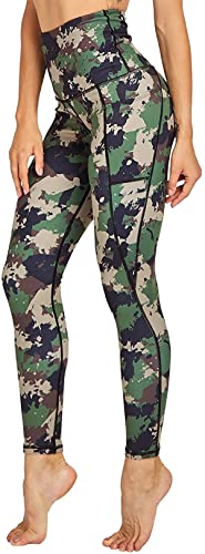 Damen Leggings Sportleggings mit hohem Bund und verstellbarem, innen liegenden Bindeband - in Armee grüner Camouflage Optik - Grösse L von In One Clothing