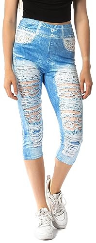 Damen Leggings in Jeansoptik mit Used-Look 3/4 Länge - Jeansblau Grösse S von In One Clothing