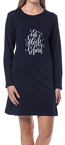 Damen Nachthemd lang - Damennachthemd mit langem Arm in dunkelblau, mit Motiv Eat Sleep Repeat - Grösse 3XL von In One Clothing