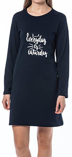 Damen Nachthemd lang - Damennachthemd mit langem Arm in dunkelblau, mit Motiv Everyday is Caturday - Grösse 4XL von In One Clothing