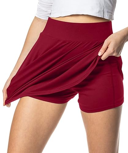 Damen Rock mit Innenshorts und Handytasche - weicher Microfaser Stoff mit knitterfreien hohem Bund - Bordeaux L von In One Clothing