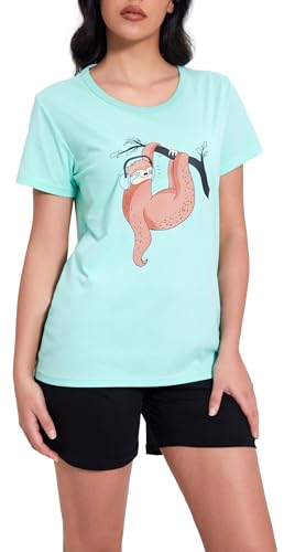 In One Clothing Damen Schlafanzug kurz, weicher Single aus 100% Baumwolle, mit Faultier oder Eulen Motiv - Faultier mit Kopfhörern, in der Farbe türkis - Grösse L von In One Clothing