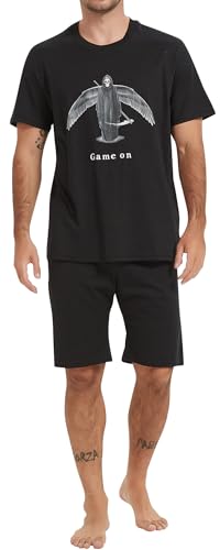 Herren Schlafanzug kurz, weicher Single-Jersey aus 100% Baumwolle und Hose in Bermuda Form - mit Motiv Game on in der Farbe schwarz Grösse XL von In One Clothing