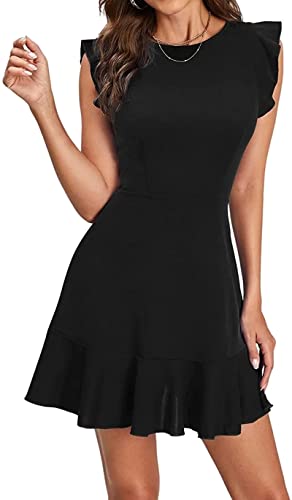 Hüftnahes ärmelloses A-Linien Kleid mit dezenten hübschen Rüschen an den Schultern und am Shirtende - schwarz M von In One Clothing