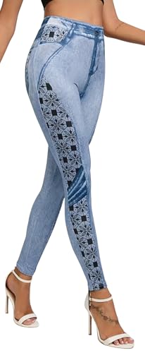In One Clothing - Damen Jeggings, leichte, elastische Leggings mit Jeans Print, Optik Einer eng anliegenden Used Look Jeans Hose - Farbe Jeans 02 in Grösse M von In One Clothing