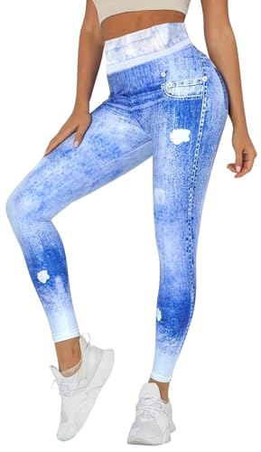In One Clothing - Damen Jeggings, leichte, elastische Leggings mit Jeans Print, Optik Einer eng anliegenden Used Look Jeans Hose - Farbe Jeans 03 in Grösse XL von In One Clothing