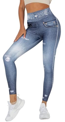 In One Clothing - Damen Jeggings, leichte, elastische Leggings mit Jeans Print, Optik Einer eng anliegenden Used Look Jeans Hose - Farbe Jeans 04 in Grösse S von In One Clothing