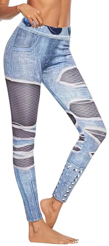 In One Clothing - Damen Jeggings, leichte, elastische Leggings mit Jeans Print, Optik Einer eng anliegenden Used Look Jeans Hose - Farbe Jeans 05 in Grösse L von In One Clothing