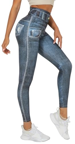 In One Clothing - Damen Jeggings, leichte, elastische Leggings mit Jeans Print, Optik Einer eng anliegenden Used Look Jeans Hose - Farbe Jeans 05 in Grösse S von In One Clothing