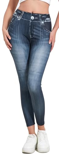 In One Clothing - Damen Jeggings, leichte, elastische Leggings mit Jeans Print, Optik Einer eng anliegenden Used Look Jeans Hose - Farbe Jeans 05 in Grösse XL von In One Clothing