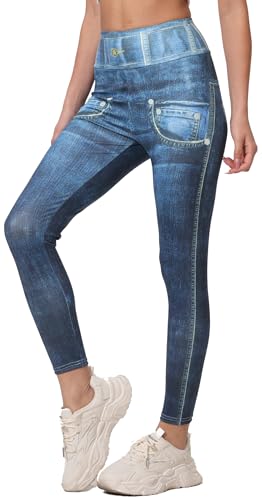 In One Clothing - Damen Jeggings, leichte, elastische Leggings mit Jeans Print, Optik Einer eng anliegenden Used Look Jeans Hose - Farbe Jeans 05 in Grösse XL von In One Clothing
