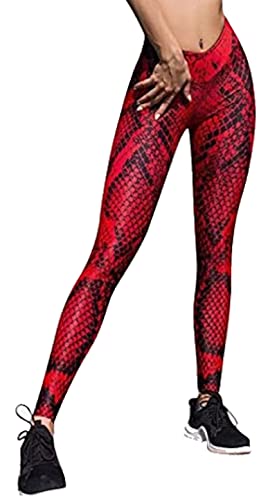 In One Clothing Damen Leggings Sportleggings mit hohem Bund Yoga-Fitness-Hose, Lange Streetwear- & Sporthose mit Schlangenmuster Muster (3XL, Rot) von In One Clothing