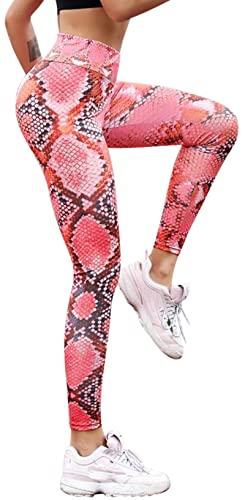 In One Clothing Damen Leggings Sportleggings mit hohem Bund Yoga-Fitness-Hose, Lange Streetwear- & Sporthose mit Schlangenmuster Muster (L, Pink) von In One Clothing
