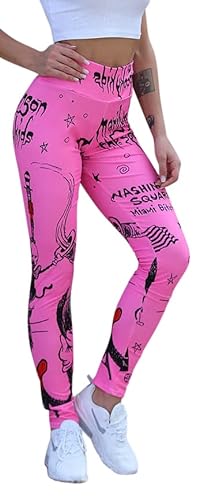In One Clothing Damen Leggings Sportleggings mit hohem Bund - Yoga-Fitness-Hose mit Manson Fantasiemotiv - pink-02 XL von In One Clothing