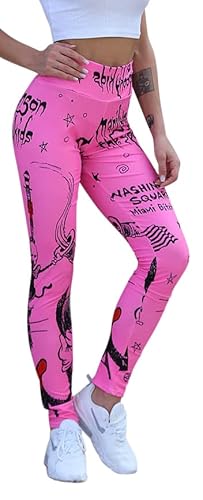 In One Clothing Damen Leggings Sportleggings mit hohem Bund - Yoga-Fitness-Hose mit Manson Fantasiemotiv - pink-02 XXL von In One Clothing