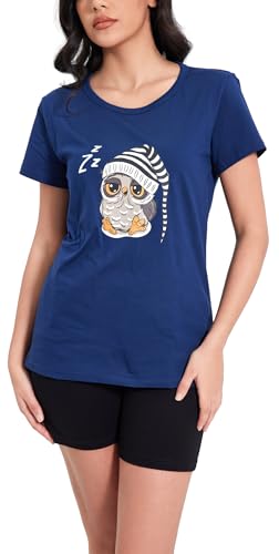 In One Clothing Damen Schlafanzug kurz, weicher Single aus 100% Baumwolle, mit Faultier oder Eulen Motiv - Eule mit Schlafmütze Grösse XL von In One Clothing