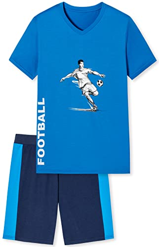 In One Clothing - Jungen Schlafanzug kurz, weicher Single-Jersey aus 100% Baumwolle, mit Motivdruck und Hose in Bermuda Form - Football Motiv in blau - Grösse 164 von In One Clothing