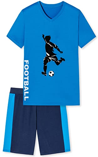 In One Clothing - Jungen Schlafanzug kurz, weicher Single-Jersey aus 100% Baumwolle, mit Motivdruck und Hose in Bermuda Form - Fussball Motiv in blau - Grösse 152 von In One Clothing