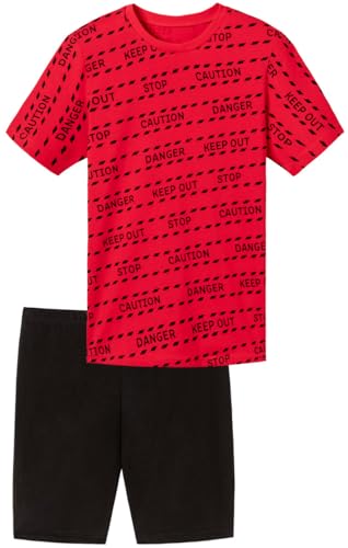 In One Clothing - Jungen Schlafanzug kurz, weicher Single-Jersey aus 100% Baumwolle, mit Motivdruck und Hose in Bermuda Form - mit Motiv Danger, in der Farbe rot/schwarz - Grösse 116 von In One Clothing