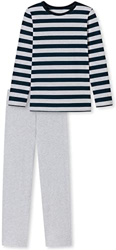 In One Clothing - Jungen Schlafanzug lang, weicher Single-Jersey aus 100% Baumwolle - in Graumelange und dunkelblau gestreift Grösse 164 von In One Clothing