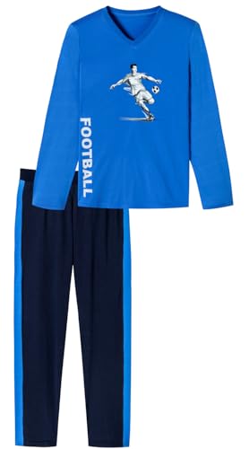 In One Clothing Jungen Schlafanzug lang, mit V-Ausschnitt, aus 100% Baumwolle, blaues Oberteil mit Fussball Motiv und dunkelblauer Hose - Grösse 128 von In One Clothing